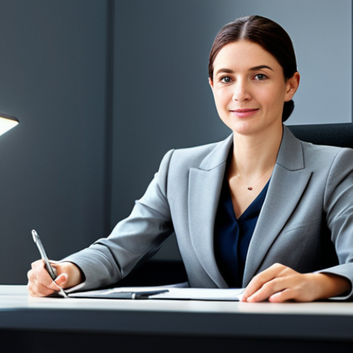 Home 4 **
A professional businesswoman in a modest business suit, sitting at a desk in a modern office, fully clothed, appropriate attire, safe for work, perfect anatomy, natural proportions, professional photography, high quality.
**