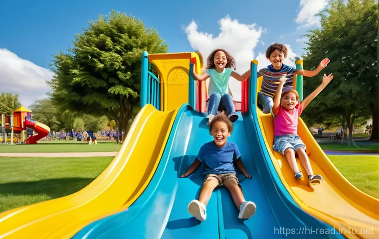 문학상 수상작 분석 - **Vibrant Children's Park Playtime:**
A cheerful, high-angle, wide shot of a diverse group of 6-...