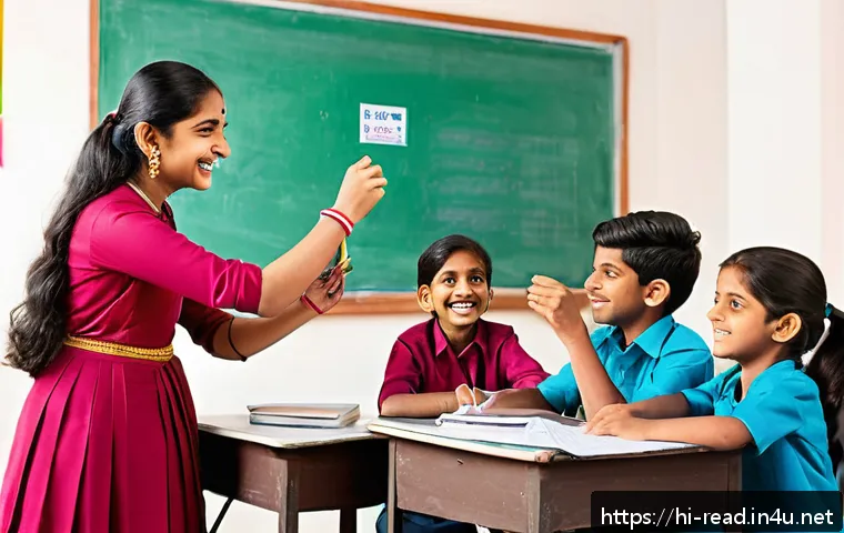 책을 통한 어휘력 향상법 - A vibrant classroom scene in India with a diverse group of Hindi-speaking students engaging in a liv...