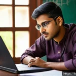 Home 16 독서가 중요한 이유 - A thoughtful Indian young adult sitting at a traditional wooden desk surrounded by books and a lapto...