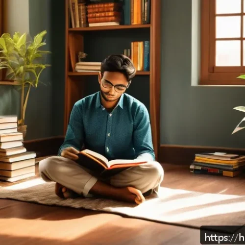 Home 15 책을 통한 심리 치유 효과 - A focused Indian student sitting cross-legged on the floor in a cozy, sunlit room filled with books ...