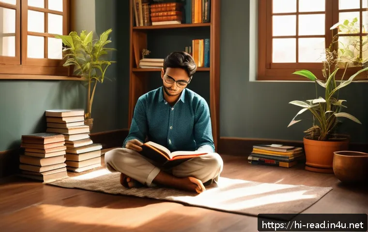 책을 통한 심리 치유 효과 - A focused Indian student sitting cross-legged on the floor in a cozy, sunlit room filled with books ...